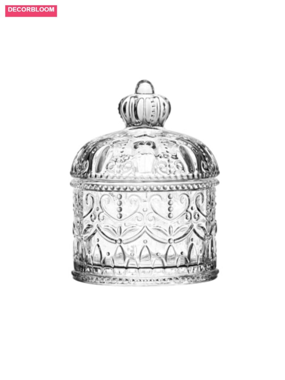 Clear Glass Candy Jar Floral Embossed Crown Lid 6.7oz